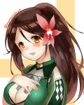  1girl amagi_(kantai_collection) bare_shoulders blush breasts brown_eyes brown_hair cleavage_cutout colored_eyelashes hair_between_eyes hand_on_own_chest kantai_collection large_breasts leaf leaf_on_head long_hair looking_at_viewer mole mole_under_eye open_mouth ponytail remodel_(kantai_collection) ryuuki_(hydrangea) solo 