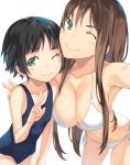  2girls :&gt; ;) armpits bangs bikini black_hair blue_swimsuit blurry blush breasts brown_hair cleavage closed_mouth collarbone cowboy_shot depth_of_field eyebrows eyebrows_visible_through_hair eyelashes green_eyes hand_on_another&#039;s_shoulder hand_on_own_thigh kimura_(ykimu) large_breasts leaning_forward legs_apart long_hair looking_at_viewer multiple_girls navel one-piece_swimsuit one_eye_closed original school_swimsuit short_hair side-tie_bikini simple_background smile stomach swimsuit taking_picture v white_background white_bikini 