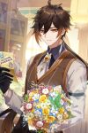  1boy absurdres alternate_costume antenna_hair black_gloves bouquet brown_hair earrings genshin_impact gloves gradient_hair hair_between_eyes highres holding holding_bouquet itsumono_katze jewelry long_hair long_sleeves male_focus multicolored_hair parted_lips ponytail solo zhongli_(genshin_impact) 