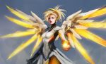  1girl blonde_hair blue_eyes bodysuit breastplate eyeshadow lips makeup mechanical_halo mechanical_wings mercy_(overwatch) muju nose outstretched_hand overwatch pantyhose power_suit solo wings 