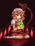  1girl ascot blonde_hair blush bobby_socks bow crystal flandre_scarlet full_body hat hat_ribbon hozenkakari jewelry laevatein magic:_the_gathering mary_janes mob_cap puffy_short_sleeves puffy_sleeves red_bow red_eyes red_ribbon ribbon ring shoes short_sleeves side_ponytail sitting skirt skirt_set smile socks solo touhou wariza white_legwear wings 