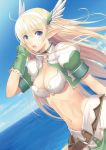  1girl adjusting_hair belt belt_pouch blonde_hair blue_eyes blue_sky breasts choker cleavage cleavage_cutout clouds cloudy_sky dress dutch_angle elf elwing feathers fingerless_gloves frilled_choker frills gloves green_gloves groin hairband head_wings highres large_breasts long_hair midriff navel ocean pointy_ears puffy_short_sleeves puffy_sleeves shining_(series) shining_ark short_sleeves skirt sky solo tanaka_takayuki water 