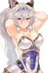  1girl animal_ears armor armored_dress armpits arms_behind_head backless_outfit braid breasts cat_ears dress eyebrows eyebrows_visible_through_hair granblue_fantasy hair_between_eyes hair_intakes hair_tubes hairband heles large_breasts light_smile long_hair looking_at_viewer off_shoulder schizanthus_(artist) short_dress silver_hair single_braid solo upper_body very_long_hair white_dress yellow_eyes 