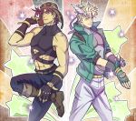  abs adjusting_clothes adjusting_gloves artist_name aviator_cap belt blonde_hair caesar_anthonio_zeppeli emeraudolupus facial_mark fingerless_gloves gloves goggles_on_hat green_eyes headband jacket jojo_no_kimyou_na_bouken joseph_joestar_(young) muscle pink_eyes redhead signature smile standing standing_on_one_leg star starry_background turtleneck winged_hair_ornament 