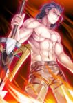  1boy abs black_hair fire highres imada_kozue looking_at_viewer muscle original red_eyes scar solo sword topless weapon 