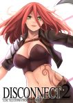  1girl arms_at_sides crop_top cropped_jacket green_eyes hair_between_eyes katarina_du_couteau league_of_legends lips long_hair midriff navel parted_lips redhead scar scar_across_eye tattoo upper_body yashichii 