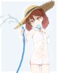  1girl alternate_headwear ass_visible_through_thighs brown_eyes brown_hair buttons dessert eating food hat highres hose ice_cream kantai_collection long_sleeves panties popsicle ryuujou_(kantai_collection) see-through shirt solo sorairo_usagi straw_hat thigh_gap thighs twintails underwear water wet wet_clothes wet_shirt white_panties white_shirt 