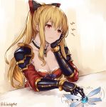  1girl bare_shoulders black_bow blonde_hair blush bow breasts chin_rest cleavage detached_collar empty_eyes gauntlets granblue_fantasy hair_bow large_breasts lialight long_hair pauldrons ponytail red_eyes sidelocks solo twitter_username upper_body vira 