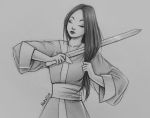  1girl absurdres black_hair chinese_clothes closed_eyes closed_mouth disney highres long_hair monochrome mulan natalico simple_background sword traditional_media weapon 