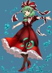  1girl :d abe_ranzu arm_ribbon blush bow dress front_ponytail full_body green_eyes green_hair hair_bow hair_ribbon high_heels highres kagiyama_hina looking_at_viewer open_mouth outstretched_arms pantyhose red_bow red_dress red_ribbon red_shoes ribbon shoes smile solo spread_arms touhou 