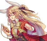  1girl alice_in_wonderland animal_ears bangs black_bow blonde_hair blush bow bowtie bunny_tail eyebrows eyebrows_visible_through_hair formal glasses hair_between_eyes hair_bow holding long_hair madogawa open_mouth original pocket_watch rabbit_ears red_eyes solo suit tail watch white_rabbit_(cosplay) 