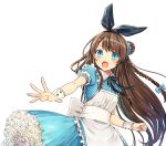  1girl alice_(wonderland)_(cosplay) alice_in_wonderland apron bangs blue_bow blue_dress blue_eyes blush bow bowtie braid brown_hair clarinet_(natsumi3230) dress eyebrows eyebrows_visible_through_hair frilled_dress frills hair_bow hair_bun long_hair open_mouth original outstretched_arm petticoat puffy_short_sleeves puffy_sleeves scrunchie short_sleeves waist_apron wrist_cuffs 