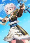  1girl blue_sky bow_(weapon) fire_emblem fire_emblem_if flower fur_trim fuzuki_yuu gloves hair_between_eyes hair_flower hair_ornament hairband lavender_hair looking_at_viewer my_unit_(fire_emblem_if) open_mouth partly_fingerless_gloves pointy_ears red_eyes rose short_hair signature sky solo weapon 