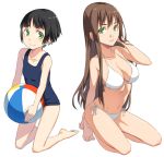  2girls :&gt; ball bangs barefoot beachball bikini black_hair blue_swimsuit blush breasts brown_hair closed_mouth collarbone full_body green_eyes hand_in_hair holding_ball kimura_(ykimu) kneeling large_breasts long_hair looking_at_viewer multiple_girls navel one-piece_swimsuit original parted_lips school_swimsuit short_hair sideboob simple_background stomach strap_gap swimsuit white_background white_bikini 