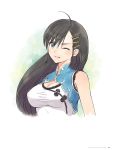  1girl ahoge black_hair blade_arcus_from_shining blue_eyes breasts cleavage hair_ornament hairclip highres long_hair looking_at_viewer official_art one_eye_closed open_mouth pairon shining_(series) simple_background smile solo tanaka_takayuki taut_clothes upper_body very_long_hair white_background 