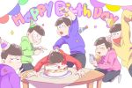  6+boys bowl_cut brothers brown_hair cake cellphone food food_on_face grin happy_birthday hat heart heart_in_mouth hood hoodie jitome laughing male_focus matsuno_choromatsu matsuno_ichimatsu matsuno_juushimatsu matsuno_karamatsu matsuno_osomatsu matsuno_todomatsu messy_hair multiple_boys osomatsu-kun osomatsu-san party_hat phone pointing sextuplets shorts siblings simple_background sleeves_past_wrists smartphone smile table v white_background 