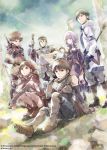  2girls 4boys absurdres armor arrow blue_eyes boots bow_(weapon) braid brown_eyes brown_hair hai_to_gensou_no_grimgar haruhiro_(grimgar) headgear highres manato_(grimgar) mogzo_(grimgar) multiple_boys multiple_girls official_art purple_hair ranta_(grimgar) shihoru_(grimgar) staff sword violet_eyes weapon yume_(grimgar) 