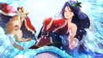  1girl belt bibiko black_hair breasts cape cat hair_ornament league_of_legends leblanc long_hair looking_at_viewer mistletoe smile snowing violet_eyes 