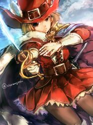  1girl arcane_sword_(granblue_fantasy) black_legwear blonde_hair brown_eyes cape djeeta_(granblue_fantasy) gloves granblue_fantasy hat hat_feather pantyhose rina2627 short_hair solo sword twitter_username weapon 