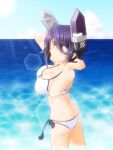  1girl breasts checkered checkered_necktie cleavage collarbone eyepatch hand_in_hair headgear kantai_collection large_breasts looking_at_viewer midriff necktie ocean pinesea purple_hair short_hair solo swimsuit tenryuu_(kantai_collection) water yellow_eyes 