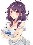 1girl ahoge apron blush breasts chiune_(yachi) cleavage hair_flaps highres kantai_collection long_hair low_twintails purple_hair red_eyes solo strap_slip taigei_(kantai_collection) twintails whale_print 