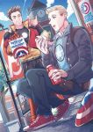  2boys avengers_academy blonde_hair brown_hair casual jacket jo_(artist) marvel multiple_boys sandwich shield steve_rogers tony_stark 