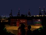  2girls artist_request building cargo container crane dark from_behind lamppost lights multiple_girls night original scenery shipping_container silhouette tree 