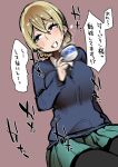  blonde_hair blue_eyes blush commentary_request cup girls_und_panzer hair_up highres looking_to_the_side necktie pantyhose pleated_skirt shirt skirt smile sweat sweater teacup translation_request trembling yonyon_(yotayota_honpo) 