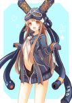 1girl :d brown_hair cable center_opening cowboy_shot fang gloves goggles goggles_on_head hair_flaps helmet hexagon iona_(last_period) kerchief last_period long_hair long_sleeves looking_at_viewer navel open_mouth orange_eyes sailor_collar sidelocks smile solo tareme unzipped usamito zipper 