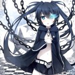  1girl belt black_hair black_jacket black_rock_shooter black_rock_shooter_(character) black_shorts blue_eyes burning_eyes chain checkered checkered_floor jacket kaieee long_hair looking_at_viewer midriff navel open_mouth short_shorts shorts solo twintails 