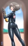  1girl akiyama_yukari aozame_takao ass blurry_background bodysuit brown_eyes brown_hair bullet drooling girls_und_panzer latex shell short_hair skin_tight skindentation solo sweat 