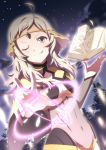  1girl ahoge blonde_hair book breasts center_opening circlet cleavage covered_navel fire_emblem fire_emblem_if fuzuki_yuu magic_circle night one_eye_closed ophelia_(fire_emblem_if) solo star_(sky) tongue tongue_out 