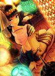  1girl arabian_clothes bangs barefoot black_hair blunt_bangs bracelet breasts carpet dancer dutch_angle from_behind highres jewelry long_hair looking_at_viewer midriff original seiza sitting smile strap_slip tomamatto veil violet_eyes 