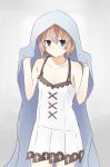  1girl absurdres bare_shoulders blanc blancpig_yryr blanket blue_eyes brown_hair highres hood looking_at_viewer neptune_(series) short_hair solo 