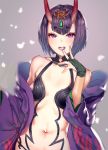  1girl bangs bare_shoulders eyebrows eyebrows_visible_through_hair fate/grand_order fate_(series) fingerless_gloves gloves hair_ornament highres hiyashi_yaki horns japanese_clothes kimono looking_at_viewer navel oni open_mouth purple_hair short_hair shuten_douji_(fate/grand_order) sketch solo violet_eyes 