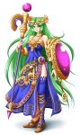  1girl alternate_color anklet asymmetrical_footwear blue_dress blue_legwear blue_skirt breasts dress full_body gold green_eyes green_hair highres hips jewelry kid_icarus layered_clothing long_hair mazume ornament palutena shield shiny shiny_hair side_slit simple_background single_thighhigh skirt smile solo staff strapless strapless_dress super_smash_bros. thigh-highs very_long_hair white_background 