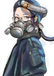  1girl absurdres artist_name beret brown_eyes eyebrows forehead from_side gas_mask gauge glasses hat highres jacket junjunforever looking_at_viewer purple_hair shadow short_hair simple_background text white_background zipper 