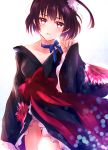  1girl black_eyes black_hair blue_ribbon collarbone flower hair_flower hair_ornament highres japanese_clothes kimono koutetsujou_no_kabaneri looking_at_viewer mumei_(kabaneri) nekopipi ribbon short_hair short_kimono solo 