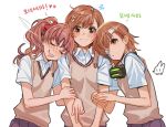  3girls bandage_over_one_eye bandages blush brown_eyes brown_hair closed_eyes hair_ornament hairclip lowres misaka_imouto misaka_mikoto multiple_girls rod_(rod4817) school_uniform shirai_kuroko to_aru_kagaku_no_railgun to_aru_majutsu_no_index 