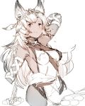  1girl animal_ears arm_behind_head breasts cat_ears covered_nipples dress feathers flower granblue_fantasy hair_feathers hair_flower hair_ornament katsudansou long_hair nemone sideboob simple_background sketch smile solo white_background 