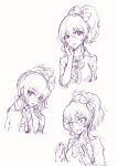  1girl blush bow character_sheet expressions hair_bow highres idolmaster idolmaster_cinderella_girls jougasaki_mika kihou_no_gotoku_dmc monochrome ponytail sketch solo 