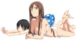  2girls :o ass bangs barefoot bikini black_hair blue_swimsuit blush_stickers breasts brown_hair closed_mouth eyelashes green_eyes head_tilt innertube kimura_(ykimu) large_breasts legs_up long_hair looking_at_viewer lying multiple_girls on_stomach one-piece_swimsuit original outstretched_arms own_hands_together palms polka_dot school_swimsuit short_hair side-tie_bikini sideboob simple_background smile soles spread_fingers swimsuit the_pose white_background white_bikini 