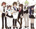  3boys 3girls :d :o alternate_costume aqua_bow back bangs bare_arms belt black_dress black_eyes black_hair black_jacket black_legwear black_necktie black_pants black_shoes black_skirt black_vest blue_eyes blue_necktie blush bow bowtie brown_eyes brown_hair buttons character_print closed_mouth collared_shirt confetti contrapposto cross_print cup dark_skin double_bun dress dress_shirt embarrassed eve_kurigoyu eyebrows eyebrows_visible_through_hair flag formal full_body glasses gloves green_eyes green_hair grey_pants grey_shoes grey_vest hair_tucking hand_on_hip head_tilt headband high_heels holding_plate iris_(pokemon) jacket kneehighs kyouhei_(pokemon) legs_apart lineup long_hair long_sleeves looking_back low-tied_long_hair maid_headdress mei_(pokemon) miniskirt mug multiple_boys multiple_girls n_(pokemon) necktie open_mouth pants pantyhose pikachu pink_necktie plate poke_ball pokemon pokemon_(game) pokemon_bw pokemon_bw2 ponytail puffy_short_sleeves puffy_sleeves purple_hair red_eyes semi-rimless_glasses shirt shoes short_necktie short_sleeves sidelocks skirt skirt_hold skirt_suit sleeves_rolled_up smile standing star striped suit swept_bangs thigh-highs touko_(pokemon) touya_(pokemon) twintails two_side_up under-rim_glasses waiter waitress white_apron white_background white_bow white_gloves white_legwear white_shirt 