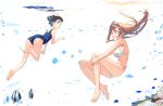  2girls air_bubble animal ass back bangs barefoot bikini black_hair blue_swimsuit breasts brown_hair clenched_hands closed_mouth coral eyelashes fish floating_hair freediving green_eyes kimura_(ykimu) large_breasts leg_hug long_hair looking_at_another multiple_girls ocean one-piece_swimsuit original parted_lips reflection short_hair side-tie_bikini sideboob smile soles swimsuit underwater white_background white_bikini 