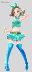  1girl aqua_eyes aqua_nails bare_shoulders belt blue_boots boots brown_hair crop_top frilled_skirt frills full_body hair_ribbon hairband highres jojo_no_kimyou_na_bouken midriff miniskirt nail_polish navel open_mouth outline riako ribbon skirt solo sugimoto_reimi thigh-highs thigh_boots twitter_username v wrist_cuffs zettai_ryouiki 