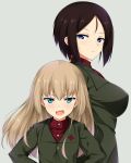  2girls alternate_hair_length alternate_hairstyle bangs black_hair blonde_hair blue_eyes blush fang from_side girls_und_panzer green_jacket grey_background hands_on_hips jacket katyusha kuragari long_hair long_sleeves multiple_girls nonna red_shirt school_uniform shirt short_hair simple_background standing swept_bangs turtleneck upper_body 