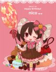  1girl \m/ bangs black_hair blush bow candy character_name chibi chocolate cream dress food frills fruit gloves hair_bow happy_birthday lollipop looking_at_viewer love_live!_school_idol_festival love_live!_school_idol_project macaron mityennn one_eye_closed red_eyes smile solo strawberry strawberry_shortcake twintails yazawa_nico 