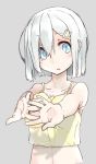  1girl :o bare_shoulders blue_eyes breasts camisole collarbone hair_ornament hair_over_one_eye hairclip hamakaze_(kantai_collection) kantai_collection large_breasts outstretched_arms short_hair silver_hair simple_background solo sorairo_usagi strap_slip stretch underwear upper_body 