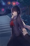  1girl artist_name black_hair bush eye_contact fence fireworks holding_hands kanoe_yuuko long_hair looking_at_another looking_at_viewer neckerchief night night_sky pleated_skirt pov red_eyes rimuu scarf school_uniform skirt sky smile solo_focus stairs tasogare_otome_x_amnesia tree 