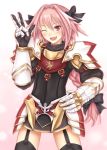  1boy :d ;d armor black_bow black_legwear blush bow braid cowboy_shot fang fate/apocrypha fate/grand_order fate_(series) garter_straps gauntlets hair_bow hand_on_hip highres hozenkakari long_hair looking_at_viewer one_eye_closed open_mouth otoko_no_ko pauldrons pink_eyes pink_hair rider_of_black single_braid smile solo thigh-highs v 